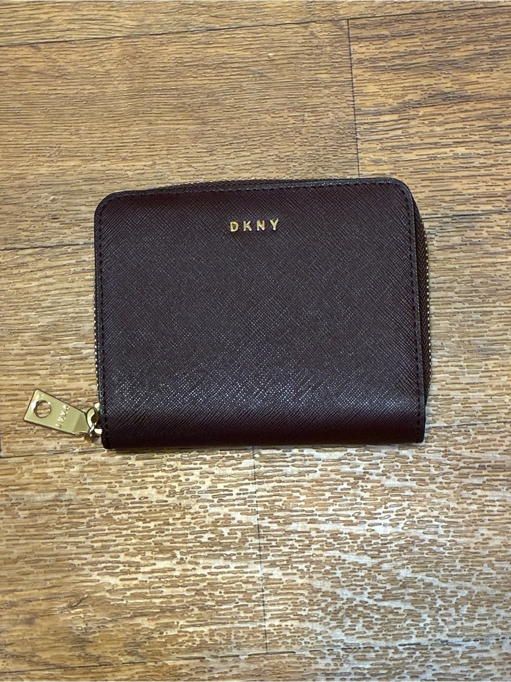 DKNY Saffiano Zip Wallet in Deep Wine with Gold Logo